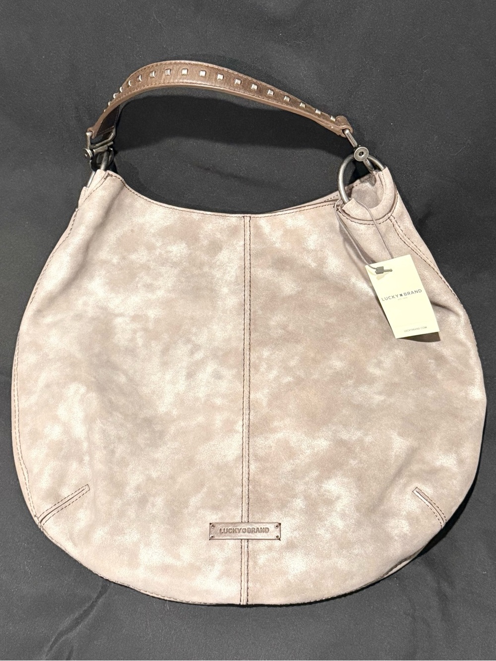 Lucky Brand Taupe-Gray Suede Hobo with Studded Strap